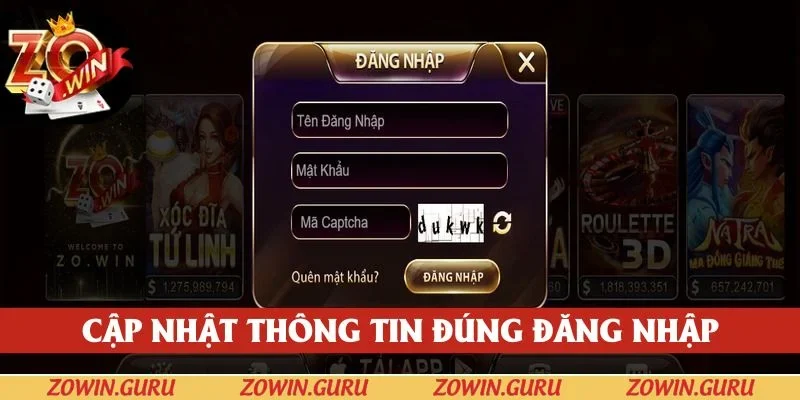 Điền đúng thông tin đăng nhập ZOWIN